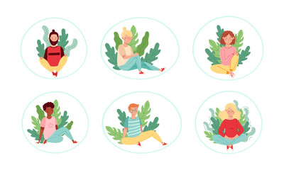 People Characters Sitting on the Ground with Floral Leaves Behind Vector Illustration Set