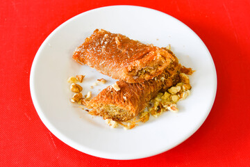 Turkish Dessert Sobiyet  Baklava, mussels baklava and classic baklava with Pistachio . Cevizli, Fistikli Baklava, top view.