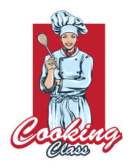 women chef with a spoon vector illustration, cooking class vector illustration
