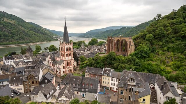 Bacharach Germany time lapse 4K, city skyline timelapse at Bacharach city and Rhine River view from grape vineyard
