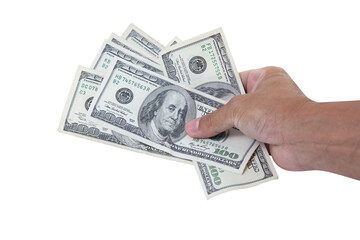 Man hand holding 100 US dollar banknote isolated on white background. Business and financial concept.