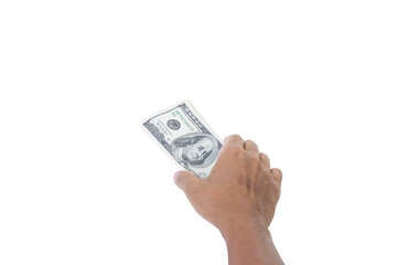 Man hand holding 100 US dollar banknote isolated on white background. Business and financial concept.