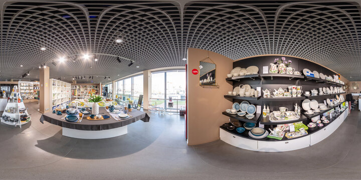 Full spherical seamless hdri panorama 360 degrees angle inside gift shop, tableware, flowers, goblets and mugs, boxes in equirectangular projection, VR AR content
