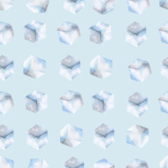 Ice cube seamless pattern on blue background. Hand drawn watercolor illustration