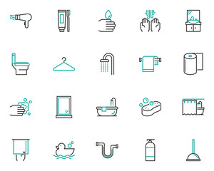 set of toilet line icons, bathroom, clean, hand washing