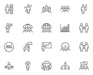 set of business people line icons, teamwork, meeting, working, organization