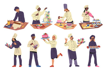 Confectioner characters. Professional chefs and confectioners, people in uniform with baking accessories, men and women make cakes, tasty pastries and cookies, tidy vector cartoon flat set