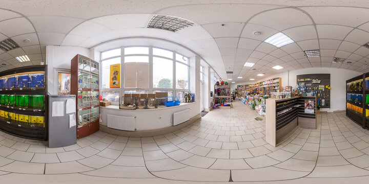 Full spherical seamless hdri panorama 360 degrees. Fishing tackle shop, fishing and camping, everything for fishing and tourism, spinning rods and rods, bait and equipment