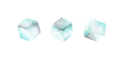 Set of water ice cubes. isolated on white. Watercolor illustration