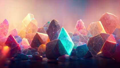 Realistic colorful shiny glowing magic crystals abstract background. Luxury wallpaper. Digital art. - obrazy, fototapety, plakaty