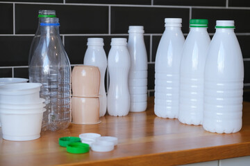 segregation and recycling of household waste, plastic milk bottles and food packaging are being prepared for waste sorting