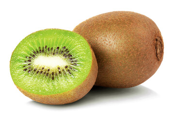Ripe kiwi fruit and kiwi halves isolated on white background.