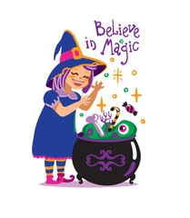 Cute little witch brew a potion in cauldron. Halloween kids party. Vector illustration.