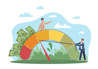 Improvement of the financial and economic situation. Data counter, tiny businessmen and scale, statistic information, lost and earn money, crisis and bankrupt, vector cartoon flat concept