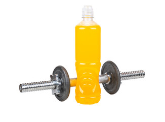 Obraz na płótnie Canvas Orange isotonic drinks in bottle with iron dumbbell isolated on white background