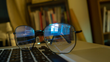 video editting timeline close up.reflection glasses