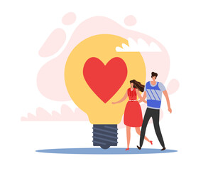 Positive thinking as happiness and well being. Couple hold hands, light bulb with heart, happy people, motivation and inspiration, optimistic lifestyle. Vector cartoon flat isolated concept
