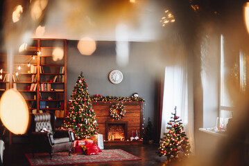 General View of Interior with Christmas Interior. Photo Studio with Red Christmas Interior.