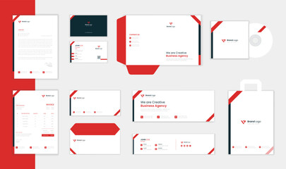 Red Minimal corporate staionwery design set, business card, letterhead and envelope layout