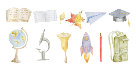 Watercolor illustration of school supplies.Back to school elements  set.