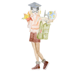 Watercolor illustration of school supplies. Girl with a school backpack.