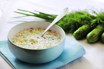 Okroshka - traditional Russian cold soup with fresh cucumber, boiled eggs and dill