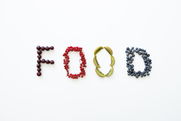 Word food on white background of different fruits for each letter.Concept for restaurants, posters, banners