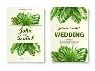 Tropical leaves wedding invitations. Gentle romantic cards with realistic exotic palm foliage, 3d banana and monstera green plants decoration, summer nature background, utter vector concept