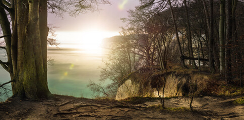 View at sunset over the chalk cliff coast of the Baltic Sea island of Rügen, Germany