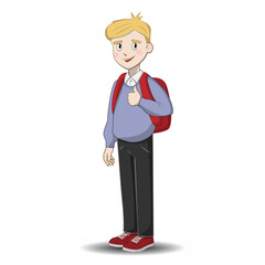 Cute boy go to school. Vector, cartoon illustration.