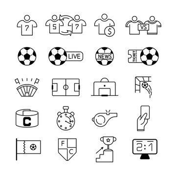 Soccer line icon set. Included the icons as ball, player, live, whistle, stadium and more. Football symbols collection, logo illustrations, vector sketches sport game signs, football championship.