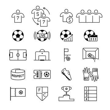 Soccer line icon set. Included the icons as ball, player, live, statistics, captain's armband and more. Football symbols collection, logo illustrations, vector sketches sport game signs, championship