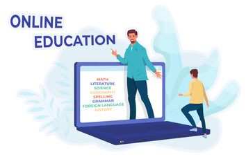 Online education concept. Giant laptop with a list of school subjects. Boy is entering online school. Teacher and pupil, student. Online tutor.
