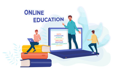 Online education concept. Online school. Student on the giant pile of books with a laptop. Puple and a teacher. School subjects. Tutor.