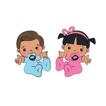 Cartoon little babies 6-12 months, in diapers, sitting, laughing, crying, curious baby. Sad, happy, thoughtful kid.