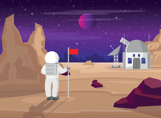 Astronaut on an unknown red planet with a flag. - 521847762