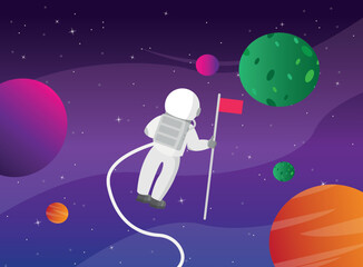 Astronaut on an unknown red planet with a flag. Vector illustration. - 521847778