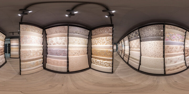 Full spherical seamless hdri panorama 360 degrees angle inside interior in shop showroom with rows of wallpaper shelves in equirectangular projection, VR AR content. Wallpaper stands, wallpaper shop