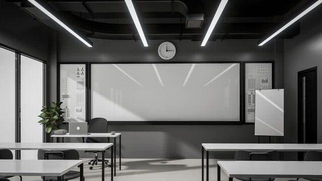 animation of modern loft style minimal black and white classroom 3d render,The rooms have gray walls ,white floor, and black ceiling decorated with white tables and gray fabric chairs