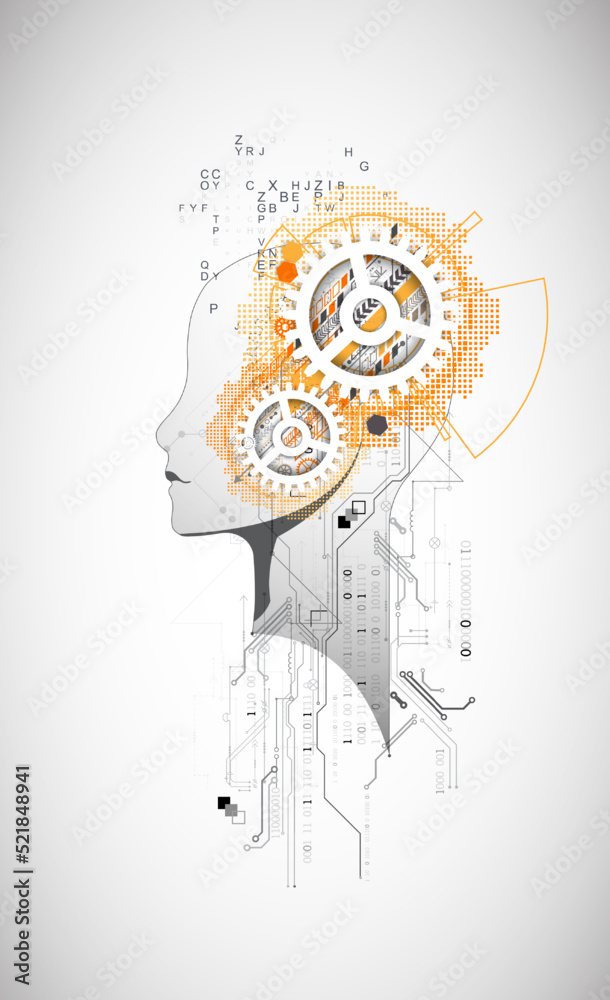 Poster Artificial Intelligence. Technical background with a silhouette of a man. Big data concept. Machine cyber mind.