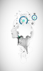 Artificial Intelligence. Technical background with a silhouette of a man. Big data concept. Machine cyber mind.