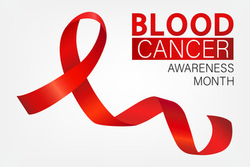 Blood Cancer Awareness Month vector banner. Red ribbon and text in the frame on a on light gray background.