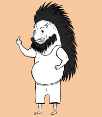 Smiling angry hedgehog with a mohawk and beard in a undershirt and shorts, showing an indecent gesture