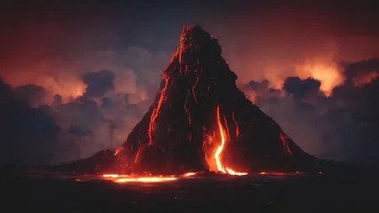 Fotobehang Night landscape with volcano and burning lava. Volcano eruption, fantasy landscape. 3D illustration. © Terablete