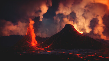 Night landscape with volcano and burning lava. Volcano eruption, fantasy landscape. 3D illustration. - obrazy, fototapety, plakaty