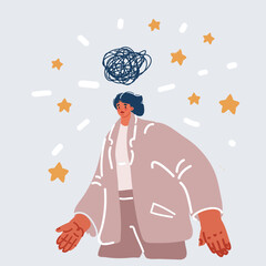 Vector illustration of woman with Tangled ball in head. Psychology and stress concept. Thinking about the problems on her mind