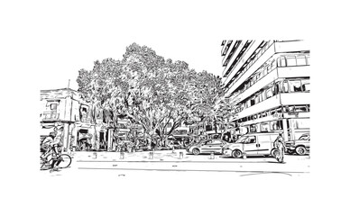 Building view with landmark of Nicosia is the 
capital of Cyprus. Hand drawn sketch illustration in vector.