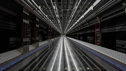 abstract background of Sci Fi gate tunnel industrial Futuristic Spaceship , 3D illustration rendering