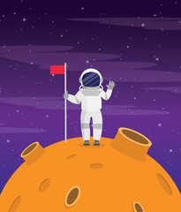 Astronaut on an unknown red planet with a flag. Vector illustration. - 521849982
