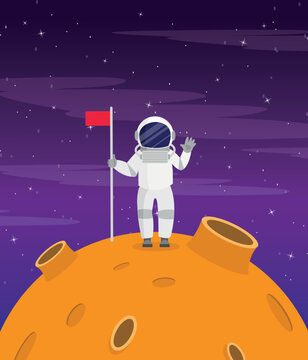 Astronaut on an unknown red planet with a flag. Vector illustration.
